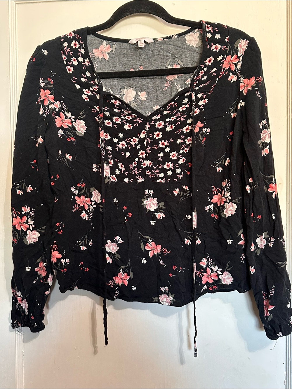 Candie's Black Floral Tie-Neck Peasant Blouse with Pink Accents
